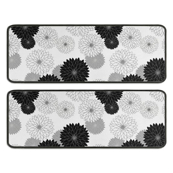 Geometric Flower and Dahlia White Anti Fatigue Kitchen Rugs Set Of 2, Non Slip Washable Decorative Floor Mats for Sink Laundry and Home Use, 17"x47"