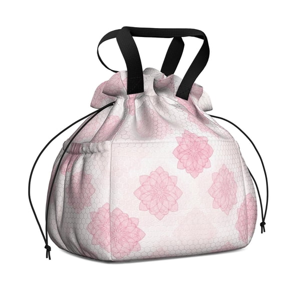 Geometric Flower and Mandala Pink Drawstring Insulated Lunch Bag for Women, Stain-Resistant Large Lunch Tote with Multi-Pockets for Work Office