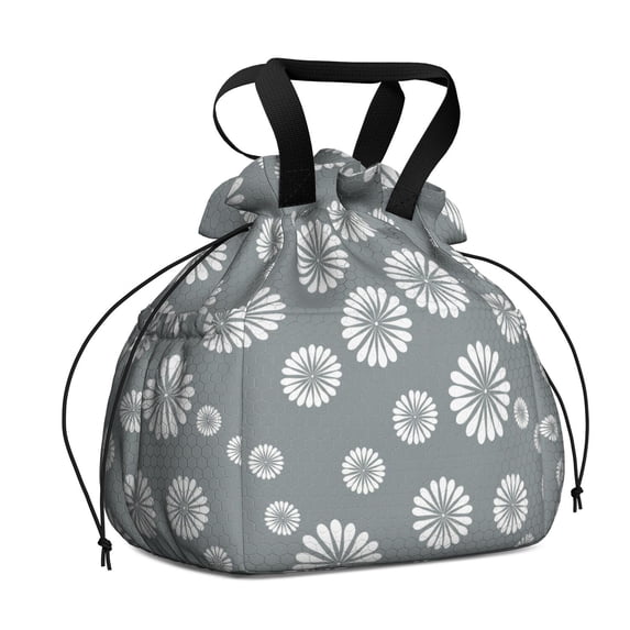 Geometric Flower and Sunburst Gray Drawstring Insulated Lunch Bag for Women, Stain-Resistant Large Lunch Tote with Multi-Pockets for Work Office