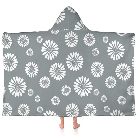 Geometric Flower and Sunburst Gray Teens Hooded Bath Towel Wrap for Ages 3 To 12,Quick Dry Lightweight Soft Microfiber Bath Beach Pool,60"x35"