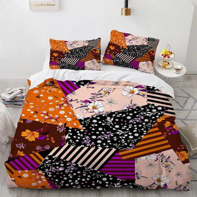 Geometric Flowers King Duvet Cover Abstract Floral Bedding Set Adults