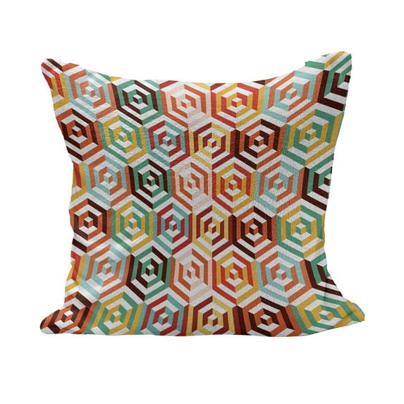 Geometric Fluffy Throw Pillow Cushion Cover, Abstract Cubes Isometric Hexagonal Shaped Pattern Colorful Retro Design Print, Decorative Square Pillow Case, 16" x 16", Mustard Orange, by Ambesonne