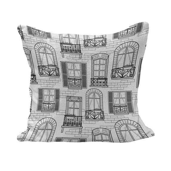 Geometric Fluffy Throw Pillow Cushion Cover, Apartment Building Urban Architecture European Windows City Town Illustration, Decorative Square Accent Pillow Case, 26" x 26", Grey White, by Ambesonne