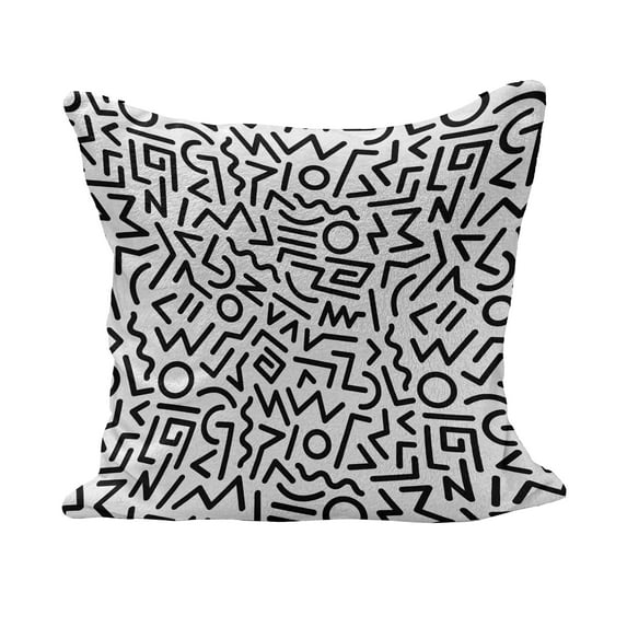 Geometric Fluffy Throw Pillow Cushion Cover, Monochrome Abstract Shapes Eighties and Nineties Inspirations Lines and Circles, Rectangle Accent Pillow Case, 36" x 16", Black White, by Ambesonne