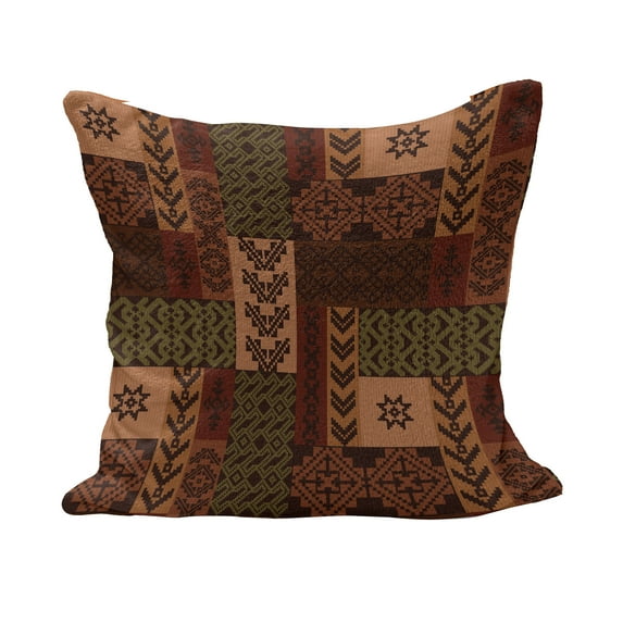 Geometric Fluffy Throw Pillow Cushion Cover, Style Geometric Folk Design Geometric Floral Motifs Print, Decorative Square Accent Pillow Case, 28" x 28", Pink Green and Brown, by Ambesonne
