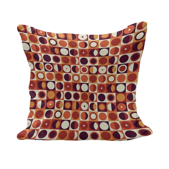 Geometric Fluffy Throw Pillow Cushion Cover, Vintage Sixties Circles with Squares Disc Vibrant Symmetric Motif, Decorative Square Accent Pillow Case, 26" x 26", Marigold Maroon, by Ambesonne