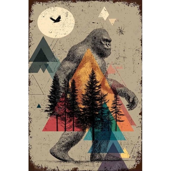Geometric Forest Bigfoot Creature Metal Tin Sign Adventure Wall Decor for Man Cave Wall Cabin Decor Living Room Art Bigfoot Fans Gift 8x12 Inch