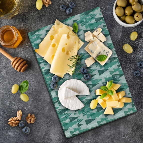 Geometric Forest Cutting Board, Simplistic Winter Forest Xmas Season Grunge Effect Backdrop, Decorative Tempered Glass Cutting and Serving Board, Small Size, Reseda Green Pale Grey, by Ambesonne