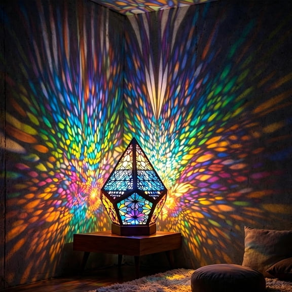Geometric Forest Shadow Lamp, Mosaic Prism LED Projection Light, Colorful Ambient Table Lamp for Bedroom Decor