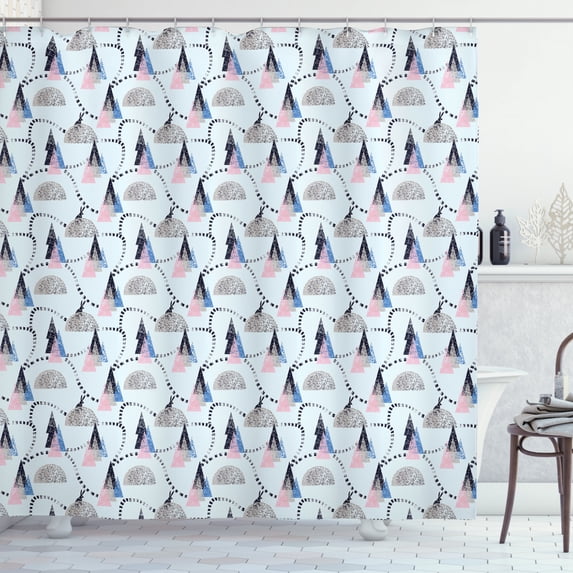 Geometric Forest Shower Curtain, Winter Forest Design with Brush Strokes Effect Scandinavian Fir Trees, Fabric Bathroom Set with Hooks, 69W X 70L Inches, Multicolor, by Ambesonne