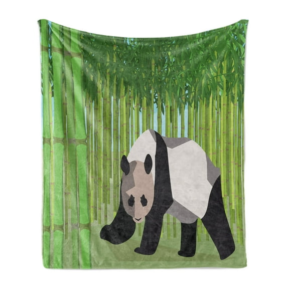Geometric Forest Soft Flannel Fleece Throw Blanket, Polygonal Design Inspired Panda Walking Among Bamboo Stalks, Cozy Plush for Indoor and Outdoor Use, 50" x 60", Green Black and White, by Ambesonne