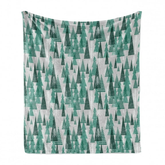 Geometric Forest Soft Flannel Fleece Throw Blanket, Simplistic Winter Forest Xmas Season Grunge Effect Backdrop, Cozy Plush for Indoor and Outdoor Use, 50" x 60", Reseda Green Pale Grey, by Ambesonne