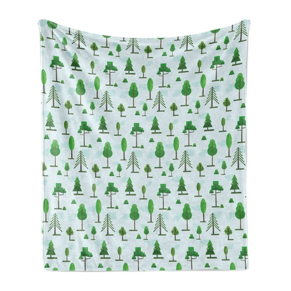 Geometric Forest Soft Flannel Fleece Throw Blanket, Spring Woodland with Triangle and Oval Trees and Birds, Cozy Plush for Indoor and Outdoor Use, 60" x 80", Green Brown Baby Blue, by Ambesonne