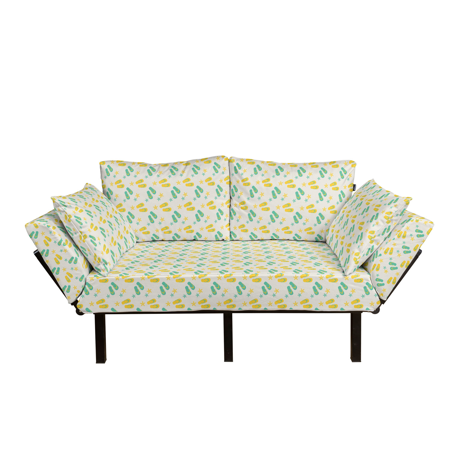 Geometric Futon Couch, Flip Flops and Starfishes Beach Elements Exotic
