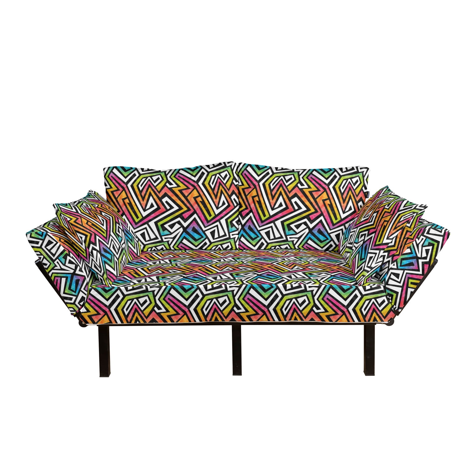 Geometric Futon Couch, Graffiti Maze Grunge Puzzle Vintage Fashion