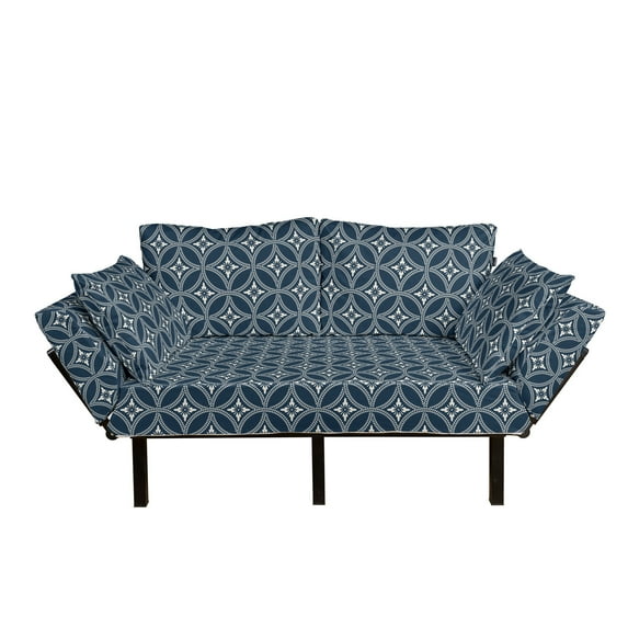 Geometric Futon Couch, Inspired Floral Design Interlocking Circles Pattern Flower, Daybed with Metal Frame Upholstered Sofa for Living Dorm, Loveseat, Dark Blue Cream, by Ambesonne
