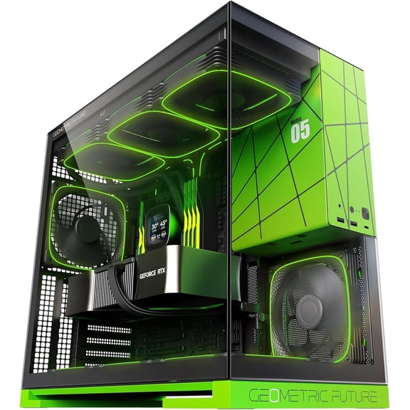 Geometric Future M5 Tempered Glass Mid Tower, E-ATX/ATX Gaming Case, 1.2mm Steel, Type C, Toolless Panels, Support 420/360 Radiator, ARGB PWM 140m Fan x 5 Pre-Installed, Black/Green, GEO-M5F-BNY