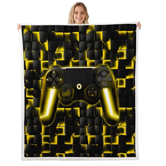 Geometric Gamepad Sherpa Blanket Gaming Throw Blanket Gamer Fleece Blanket 30"X40" Teen,Black Gold Neon Lights Game Console Fuzzy Blanket