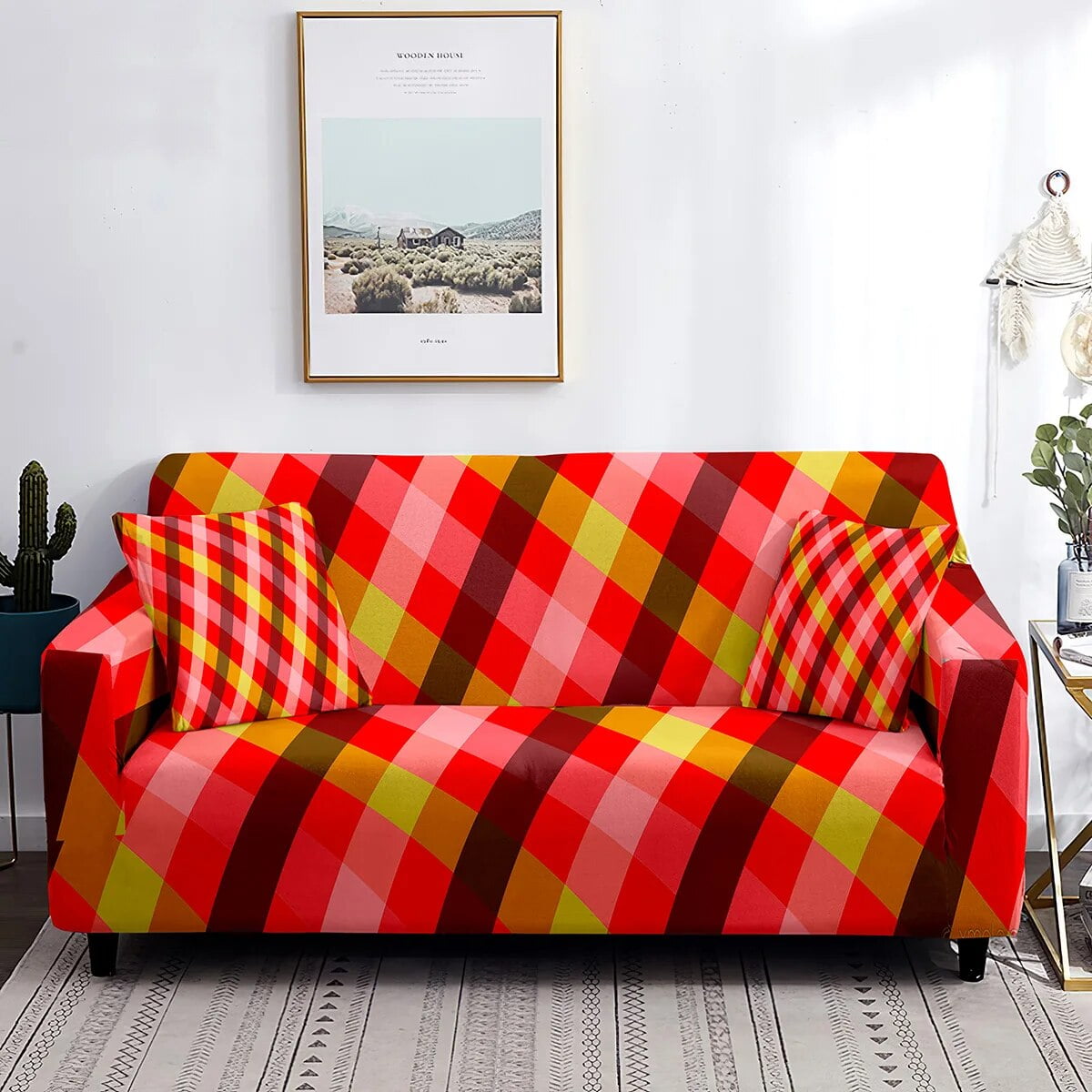 Geometric Gingham Sofa Cover Yellow Simple Tartan Couch Covers Washable