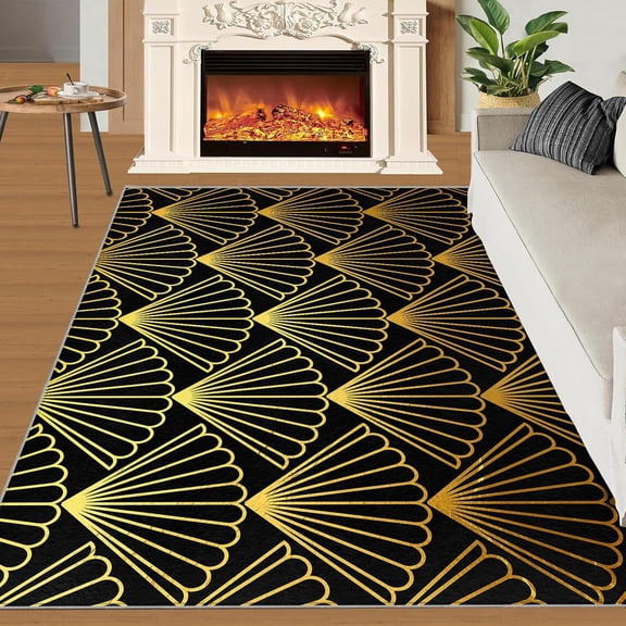Geometric Gold Fan Shaped Floor Rugs， Minimalism Retro Black Gold Bathroom Rugs Washable Rugs， Apply To Bedroom Bedside Kitchen Game Room Dormitory Corridor Balcony 3x4ft