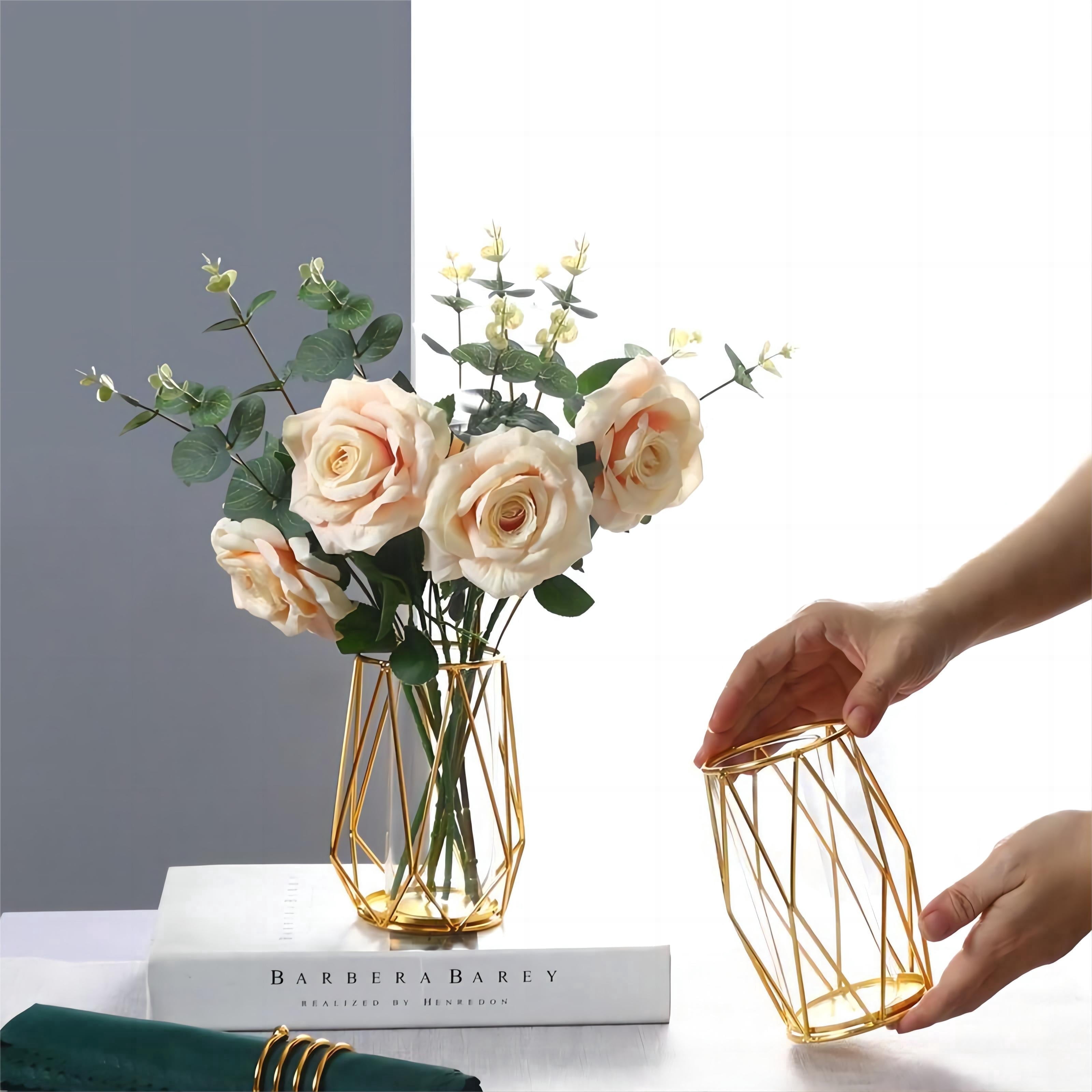 CasaVibe 2-Pack Gold Geometric Vase Set: Clear Glass Metal Frame Vases for Home/Table/Wedding Decor