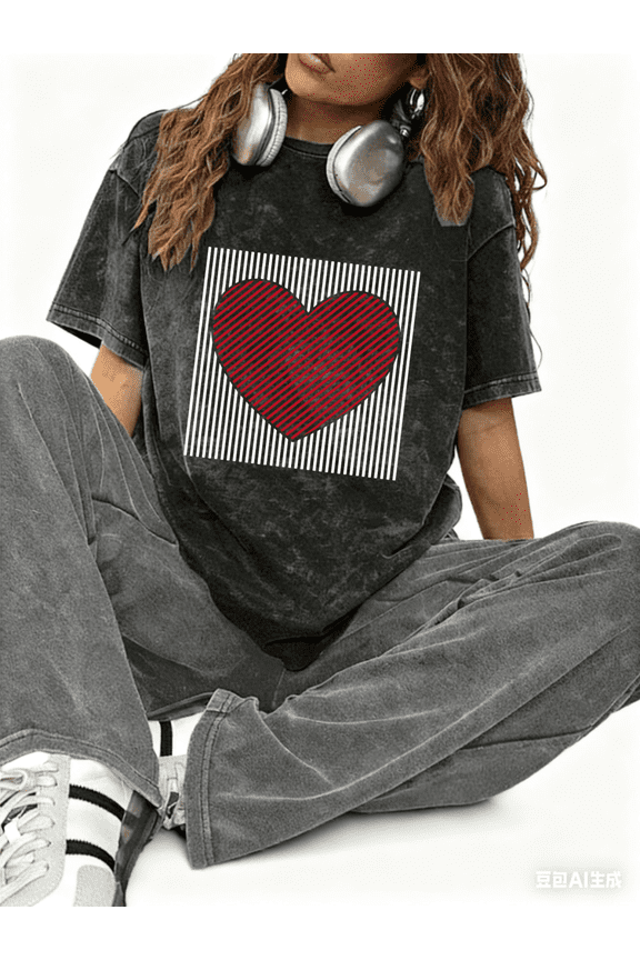 Geometric Graphic Tees Op Art Print T shirt Striped Heart Washed Shirts Women S-2XL Gray Tops