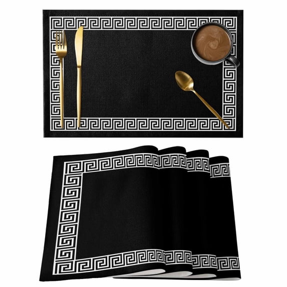 Geometric Greek Key Design Placemats Set of 6 Black Place Mats Table Mats Kitchen Dining Home Outdoor Party Table Decoration