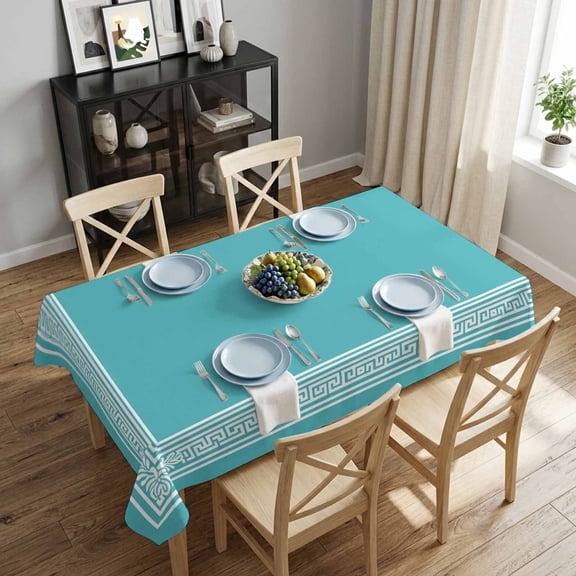 Geometric Greek Key Design Rectangle Tablecloth 52x70 Inch Teal Simple Style Waterproof Polyester Tablecloth for Dining Table, Washable Table Cover for Kitchen Dining Room Wedding,Stain Resistant