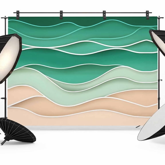 Geometric Green Backdrop for Photoshoot,Photography Photo Studio Background Wall Backdrop,Ocean Wave Stripes Modern Abstract Beach Back Drop Banner Panel for Portraits Wedding Live Streaming 8x6Ft