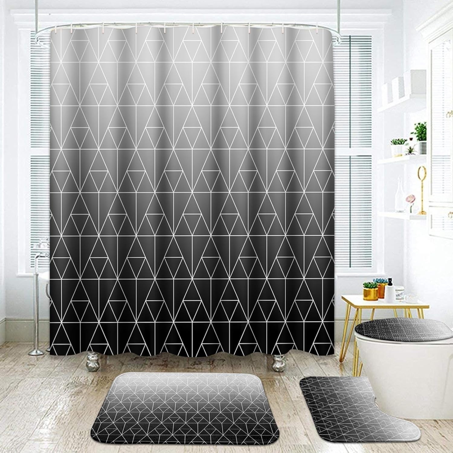 Geometric Green and Gray Bathroom Set with Shower Curtain Sets Rugs ...
