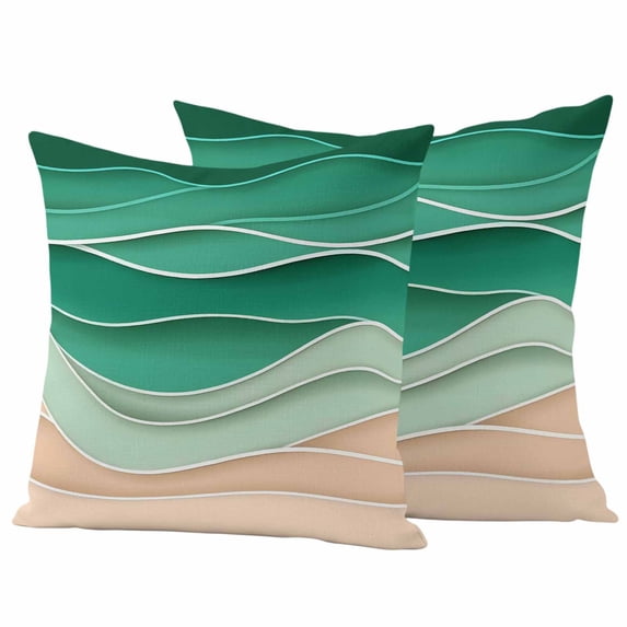 Geometric Green Outdoor Waterproof Pillow Covers, Ocean Wave Stripes Modern Abstract Beach Decorative Square Throw Pillowcase Sofa Cushion Sham for Patio/Couch/Chair, 26"x26" 2 Pack