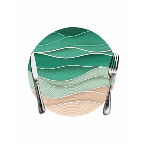 Geometric Green Round Placemats for Dinning Tables,Heat-proof Braided Table Mats 13 Inch,Ocean Wave Stripes Modern Abstract Beach Washable Place Mat for Kitchen Restaurant Party Decor Table Setting