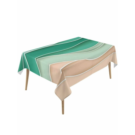 Geometric Green Table Cloth, Ocean Wave Stripes Modern Abstract Beach Waterproof Tablecloth for Rectangle Tables, Reusable Washable Fabric Table Cover for Restaurant Kitchen Dining Tables 54"x108"