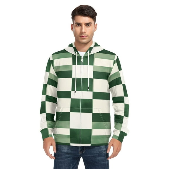 Geometric Green and White Men’s Hoodies Sweatshirt with Full Zip Pockets Fleece Jackets