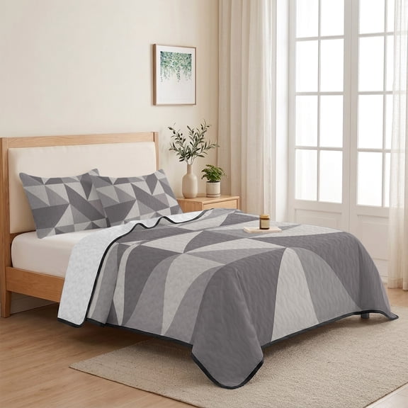 Geometric Grey Art Triangle 3 Pieces Quilt Set,1 Quilt with 2 Shams,Abstract Geometric Pattern Bedspread Soft Lightweight Bedding Coverlet Comforter Set for All Season 68"x98"