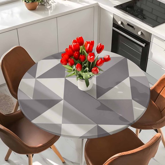 Geometric Grey Art Triangle Round Fitted Tablecloth with Elastic Edge,Waterproof Table Cloth Fits Tables 36"-44",Wipeable Washable Table Cover for Indoor Outdoor Dinning,Abstract Geometric Pattern