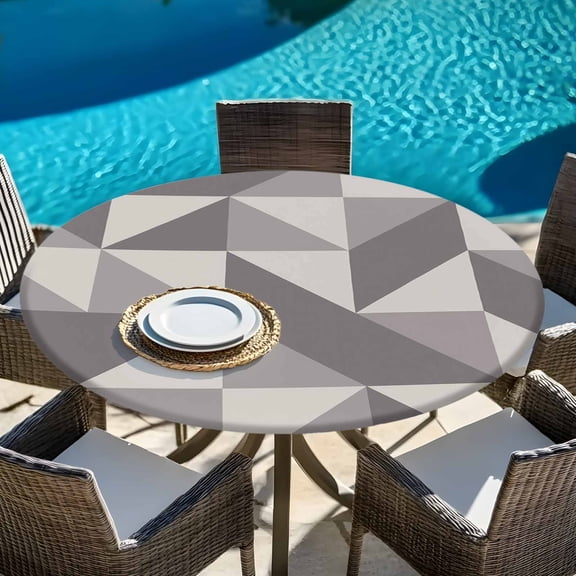 Geometric Grey Art Triangle Round Fitted Tablecloth with Elastic Edge,Waterproof Table Cloth Fits Tables 45"-54",Wipeable Washable Table Cover for Indoor Outdoor Dinning,Abstract Geometric Pattern