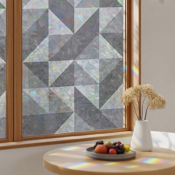Geometric Grey Art Triangle Window Privacy Film,Heat Control Sun Blocking Static Cling Rainbow Film,Abstract Geometric Pattern Non-Adhesive Glass Sticker Door Window Tint,17.7" x 39.3"