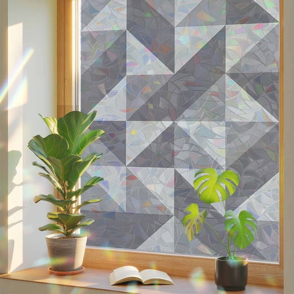 Geometric Grey Art Triangle Window Privacy Film, Rainbow Film Decorative Window Sticker 17.7x39.3in, Abstract Geometric Pattern Sun Blocking Static Stained Glass Cling Tint Non-Adhesive