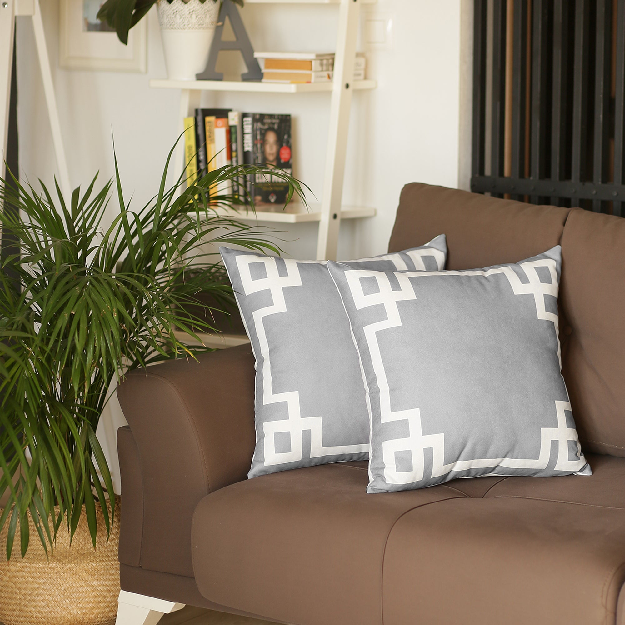 Geometric Gray and White Polyester Square Throw Pillow Set