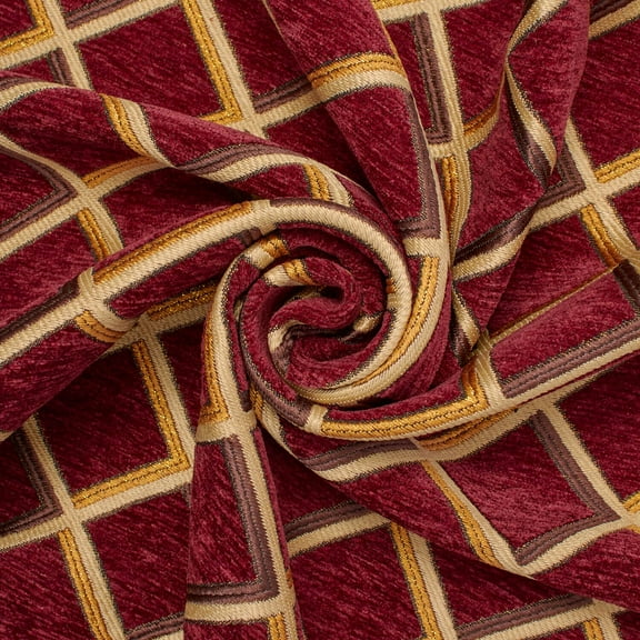 Geometric Grid Metallic Polyester Chenille Upholstery (57 Inch) Jacquard Fabric By The Yard - For Sewing Upholstery, Curtains, & Décor - Burgundy / Gold (1 Yard)