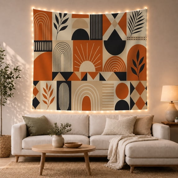 Geometric Grid Panels with Sun and Arches, Nostalgic Mid-Century Modern for Art Lovers, Abstract Wall Art, Housewarming Gift, Tapestry Wall Hanging for Bedroom and Living Room
