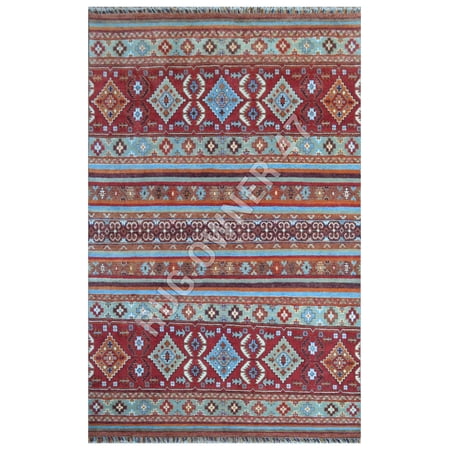 Geometric Hand-Knotted Serapi Area Rug 8X10 Rust, M Blue, Peach, Lt Grey, Beige, Wool Handmade Area Rug