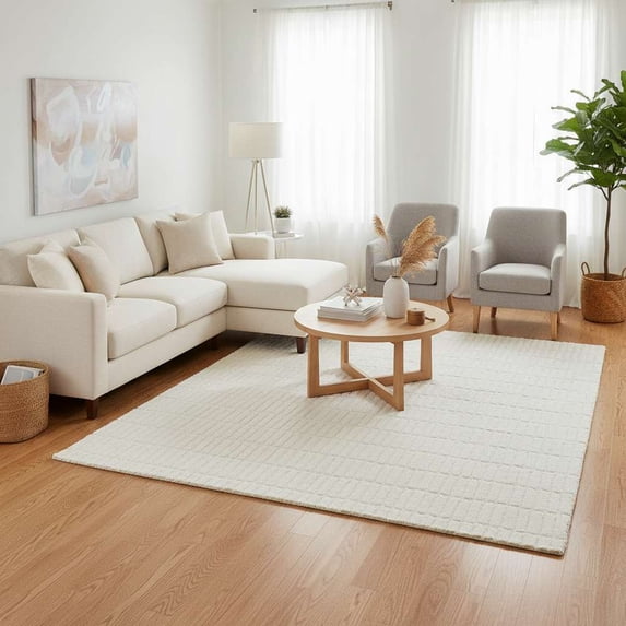 Modern Hand-Tufted Off-White Geometric Area Rug, 8X10, 100% New Zealand Wool