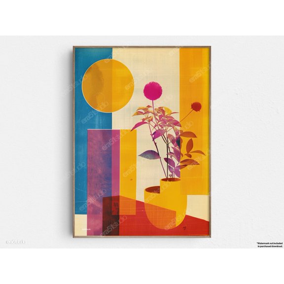 Geometric Harmony With Potted Plant Original Midcentury Modern Minimalist Wall Art