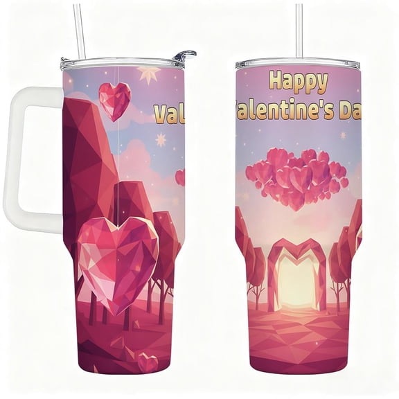 Geometric Heart Forest Artwork Drinkware, Double-Wall Vacuum Insulated Cup with Lid & Handle, Romantic Valentine Gift for Her or Him