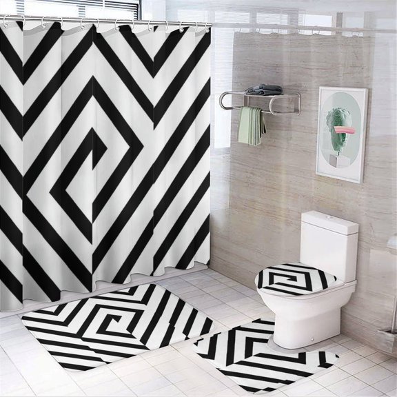 Geometric Herringbone Chevron Print Shower Curtain 4 Piece Sets Shower Curtain Set with Shower Curtain And Rugs 4 Piece Abstract Creative Waterproof Fabric Bath Curtains for Bathtub Decor