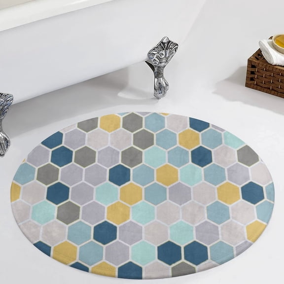 Geometric Hexagon Blue Grey Yellow Print Pattern Round Carpet Circle Rug Outdoor Patio Area Rug Washable Large Area Rugs Hallway Room Decor Fitness Mats