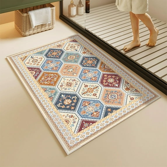 Geometric Hexagon Flocked Floor Mat, Non-Slip Entryway Rug, Modern Home Decor Carpet for Living Room Bedroom, Washable Indoor Doormat with Pattern