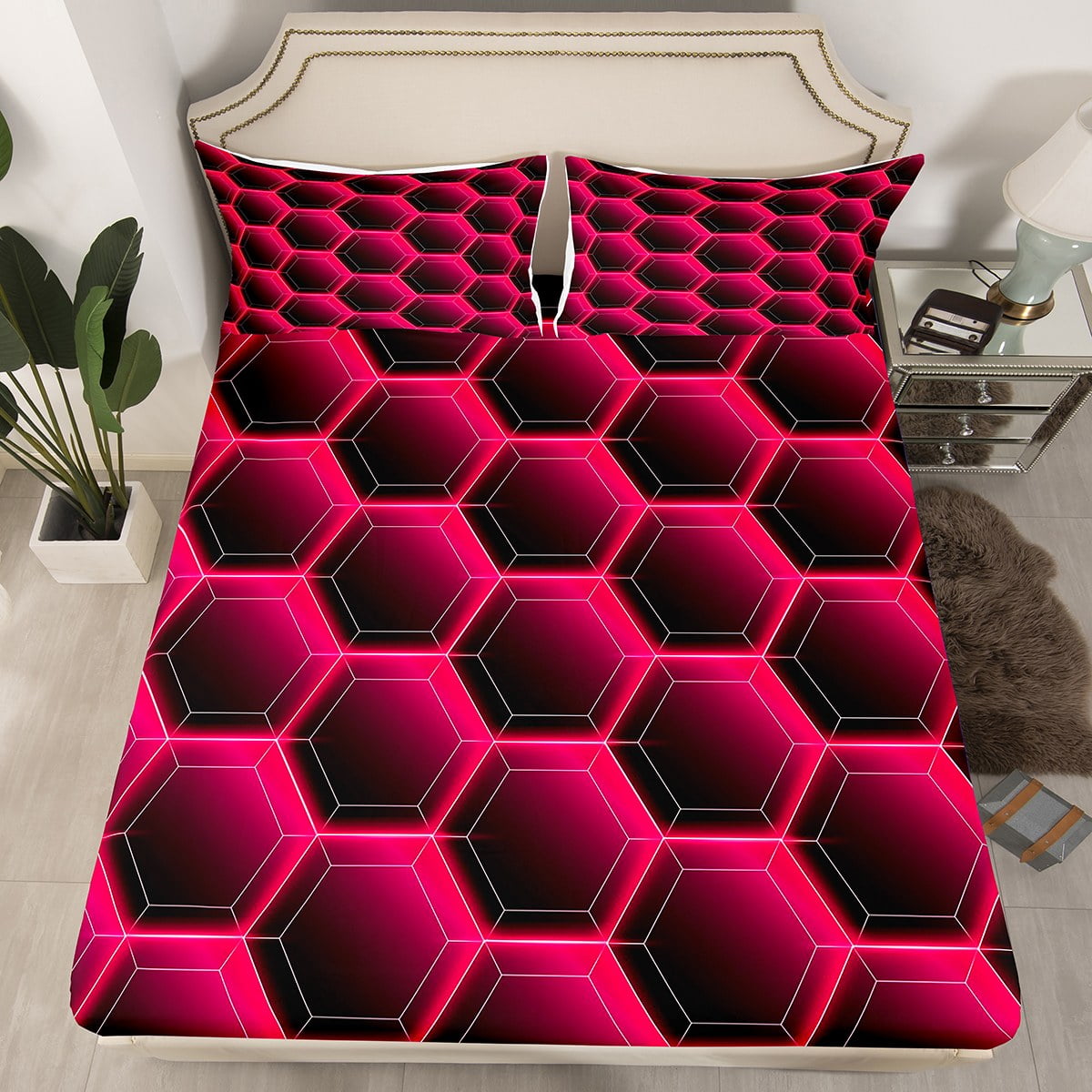 Geometric Hexagon Full Bed Sheets for Girls,Neon Magenta Honeycomb ...